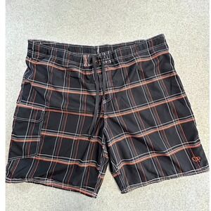 Op Board Shorts Mens 3XL Black Orange Plaid Swim Trunks Cargo Pocket Surf